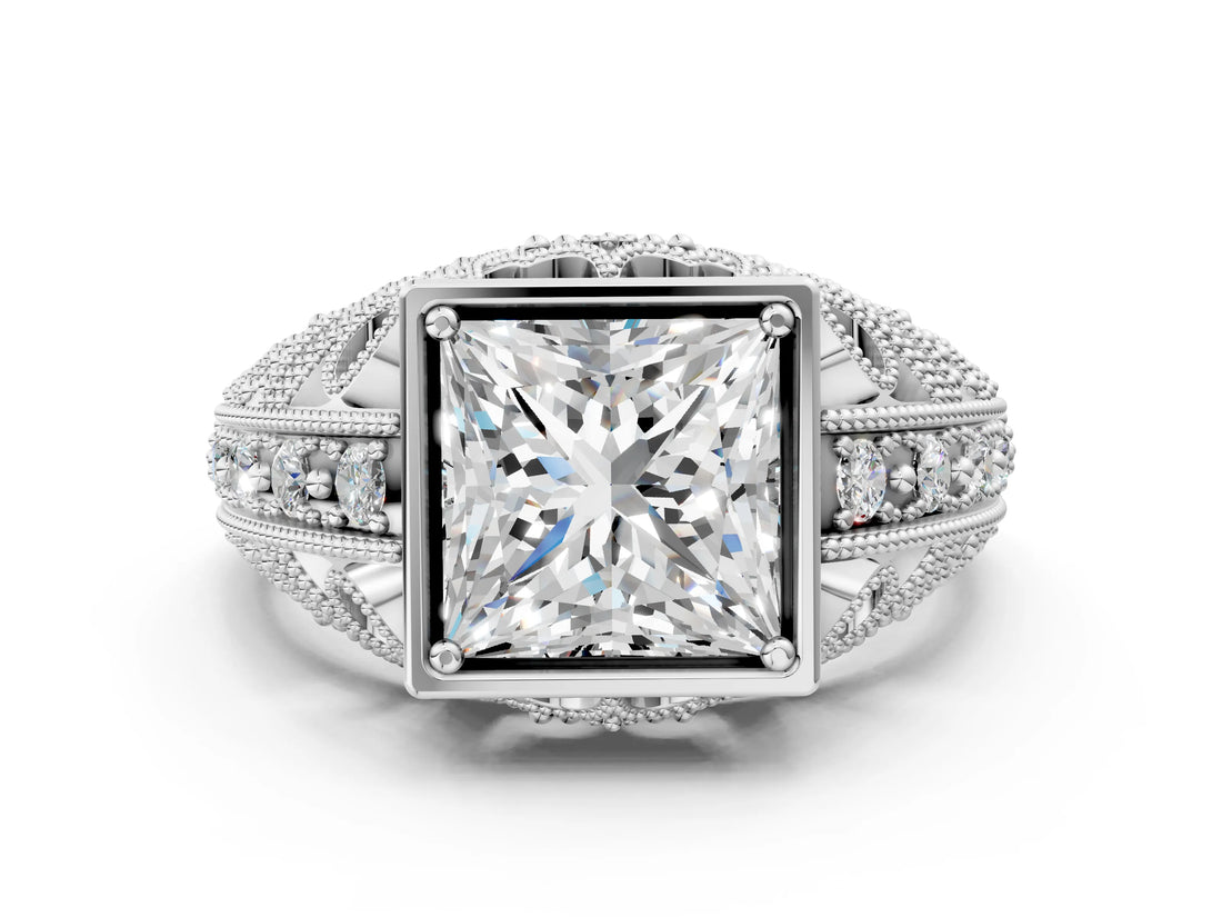 Platinum Princess Cut Brilliant Milgrain Filigree Diamond Ring with Square Prong Setting_13