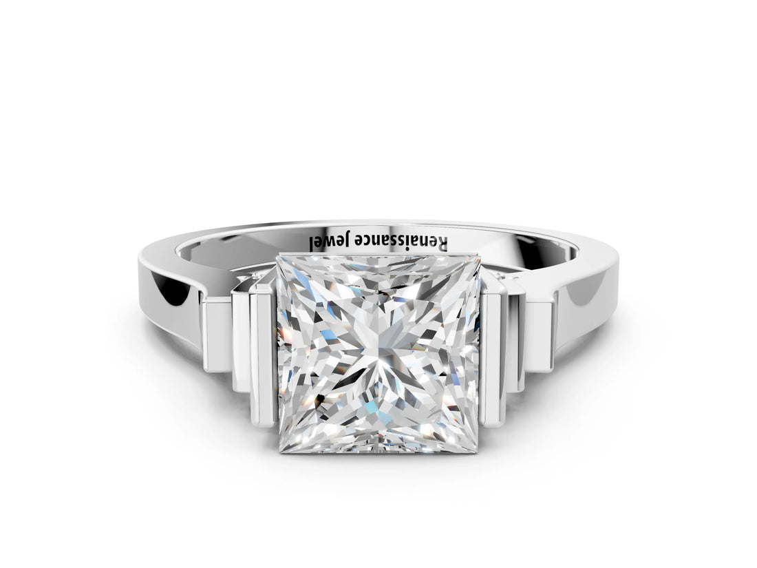 Platinum Princess Cut Brilliant Solitaire Diamond Ring with Channel Set Band and Bar Prong Setting_12