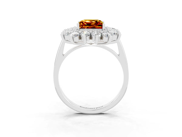 Platinum Princess Cut Citrine Floral Double Halo Engagement Ring with Prong Setting