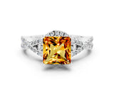Platinum Princess Cut Citrine  Halo Twist Band Solitaire Prong Setting Ring_12