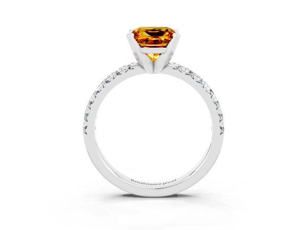 Platinum Princess Cut Citrine Solitaire Pavé Engagement Ring with Round Band and Prong Setting