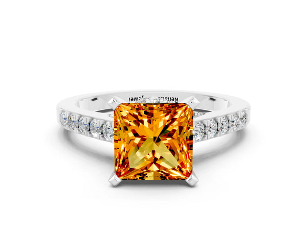 Platinum Princess Cut Citrine Solitaire Ring with Crossover Gallery and Round  Pavé Band