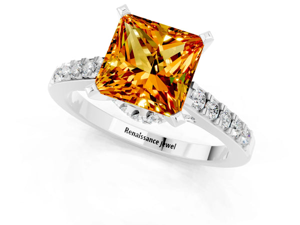 Platinum Princess Cut Citrine Solitaire Ring with Crossover Gallery and Round  Pavé Band