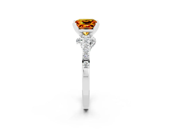 Platinum Princess Cut Citrine Solitaire Ring with Crossover Gallery and Round  Pavé Band