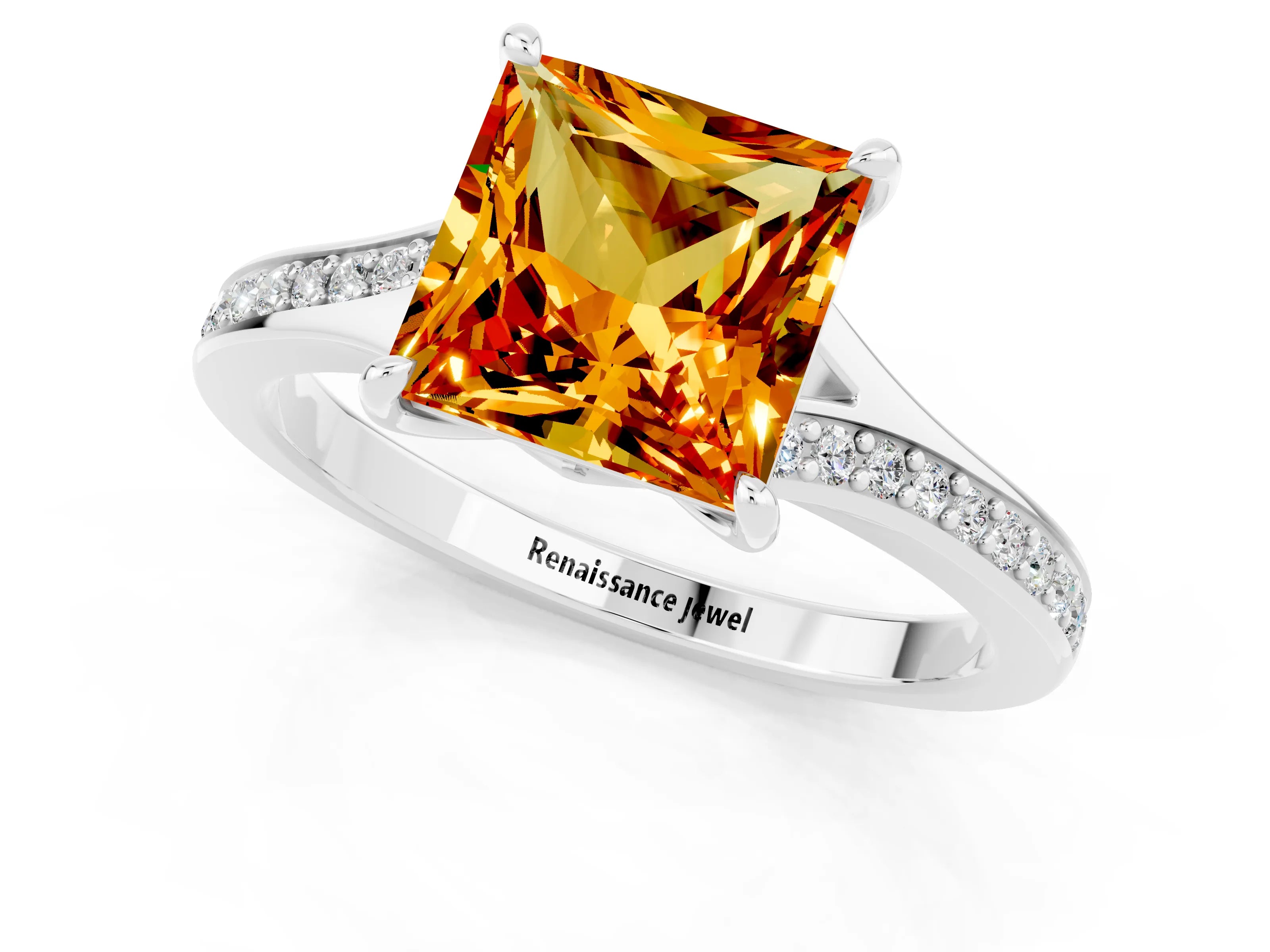 Platinum Princess Cut Citrine Solitaire Ring with Pavé Band and Prong Setting_13