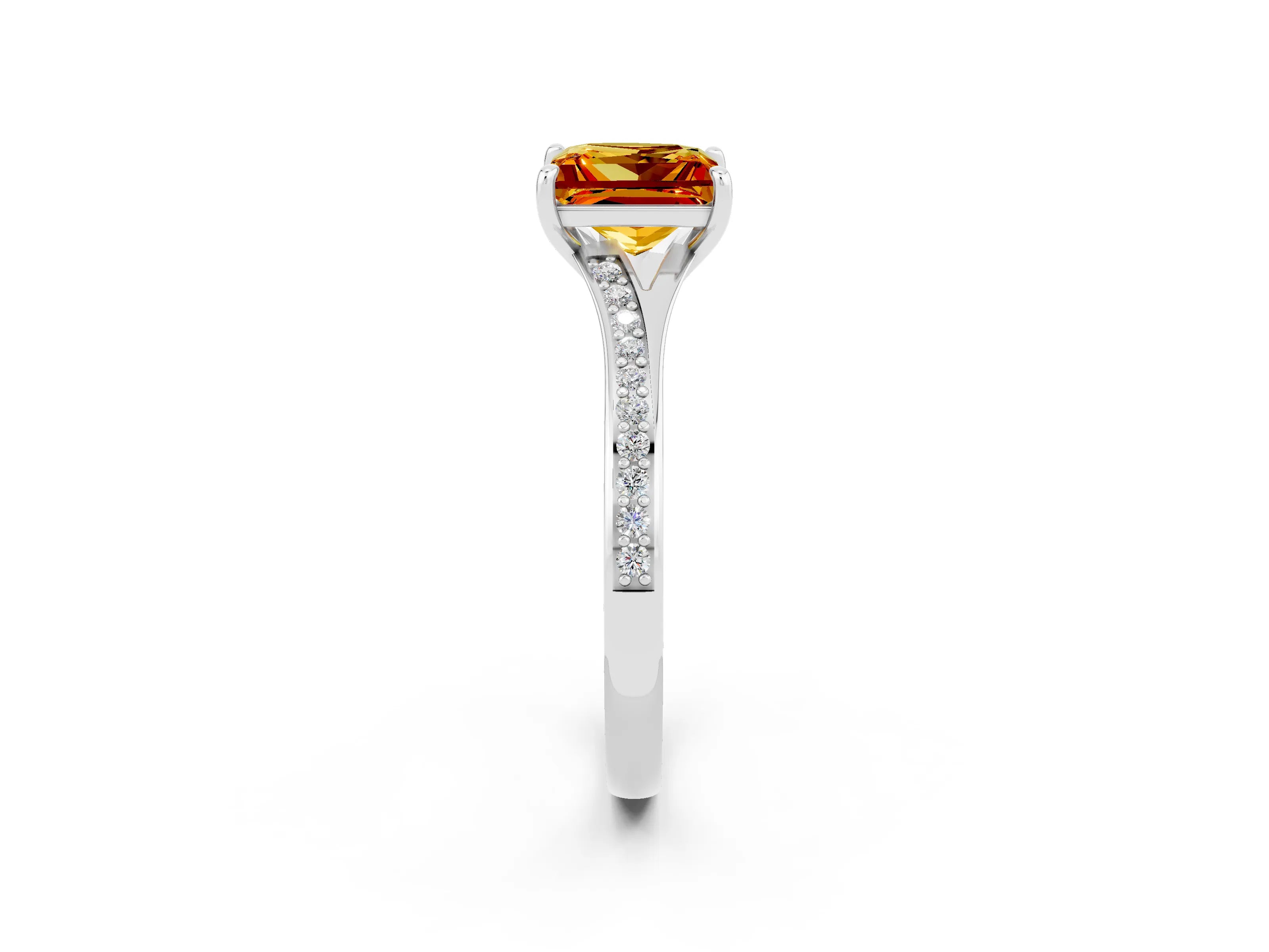 Platinum Princess Cut Citrine Solitaire Ring with Pavé Band and Prong Setting_14