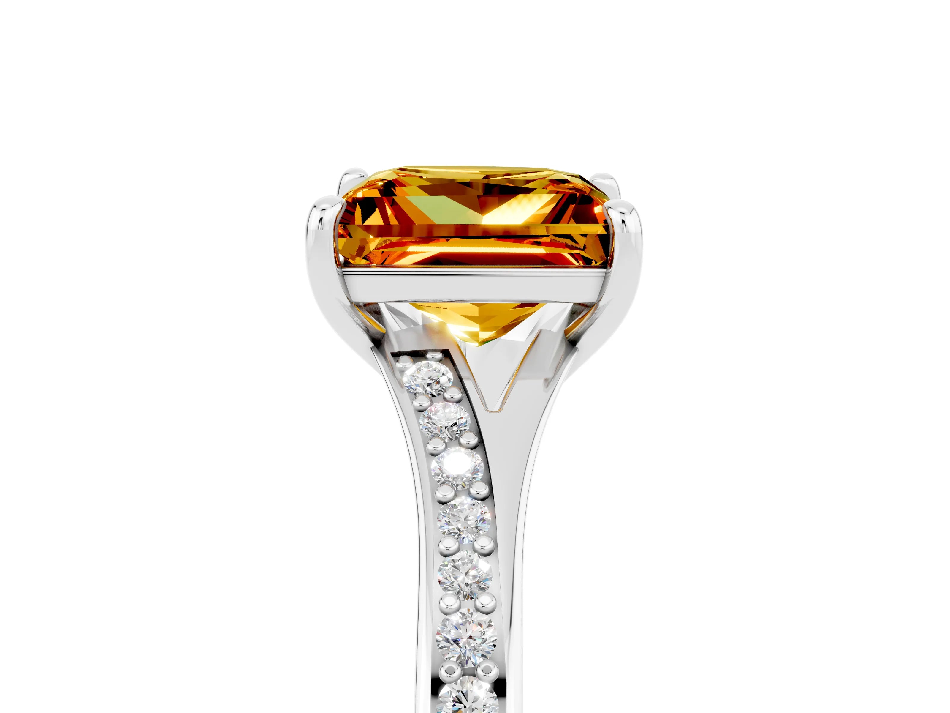 Platinum Princess Cut Citrine Solitaire Ring with Pavé Band and Prong Setting_17
