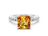 Platinum Princess Cut Citrine Solitaire Ring with Round  Pavé Band and Four-Prong Setting_36