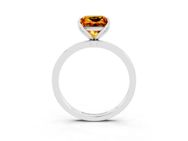 Platinum Princess Cut Citrine Solitaire Ring with Thin Band and Prong Setting