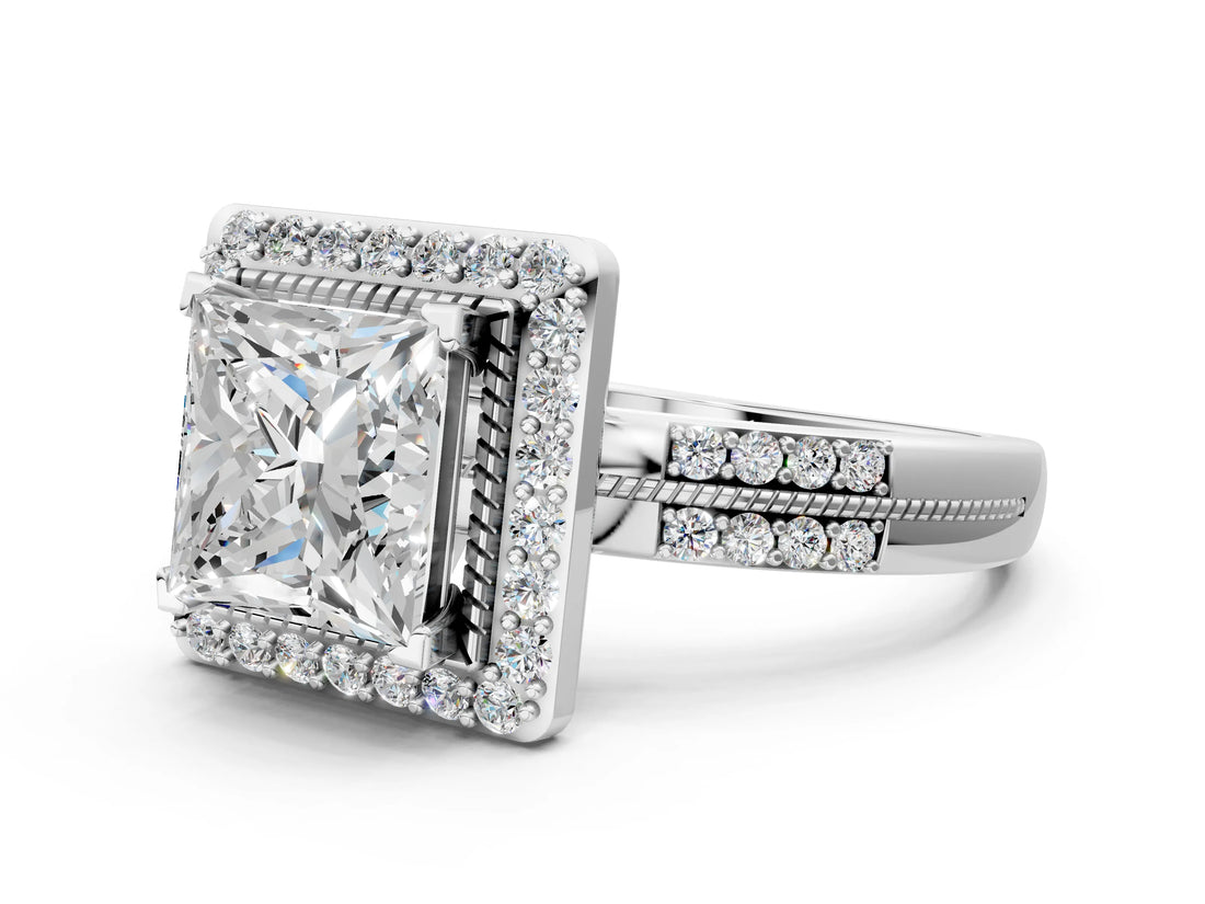Platinum Princess Cut Diamond Double Halo Ring with Split Shank and Four-Prong Setting_7