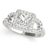 Platinum Princess Cut Diamond Halo Engagement Ring with Open Split Pavé Band
