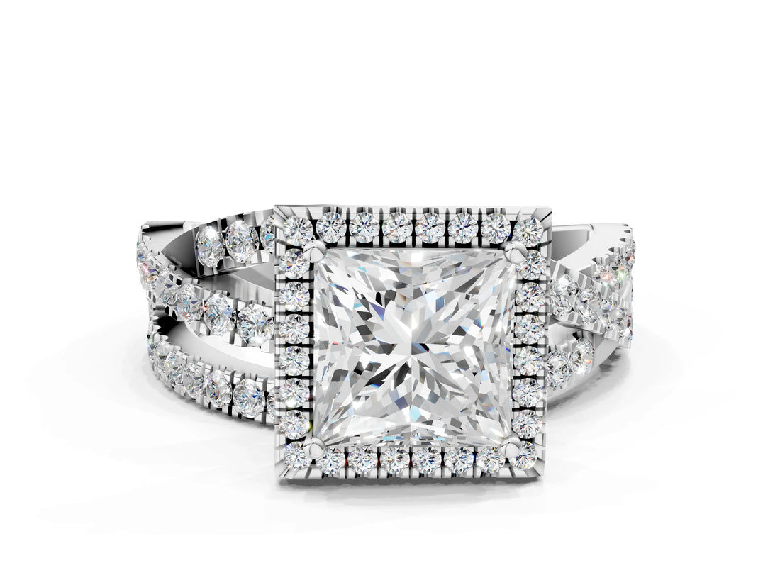Platinum Princess Cut Diamond Halo Ring with Round Split Shank and Prong Setting_12
