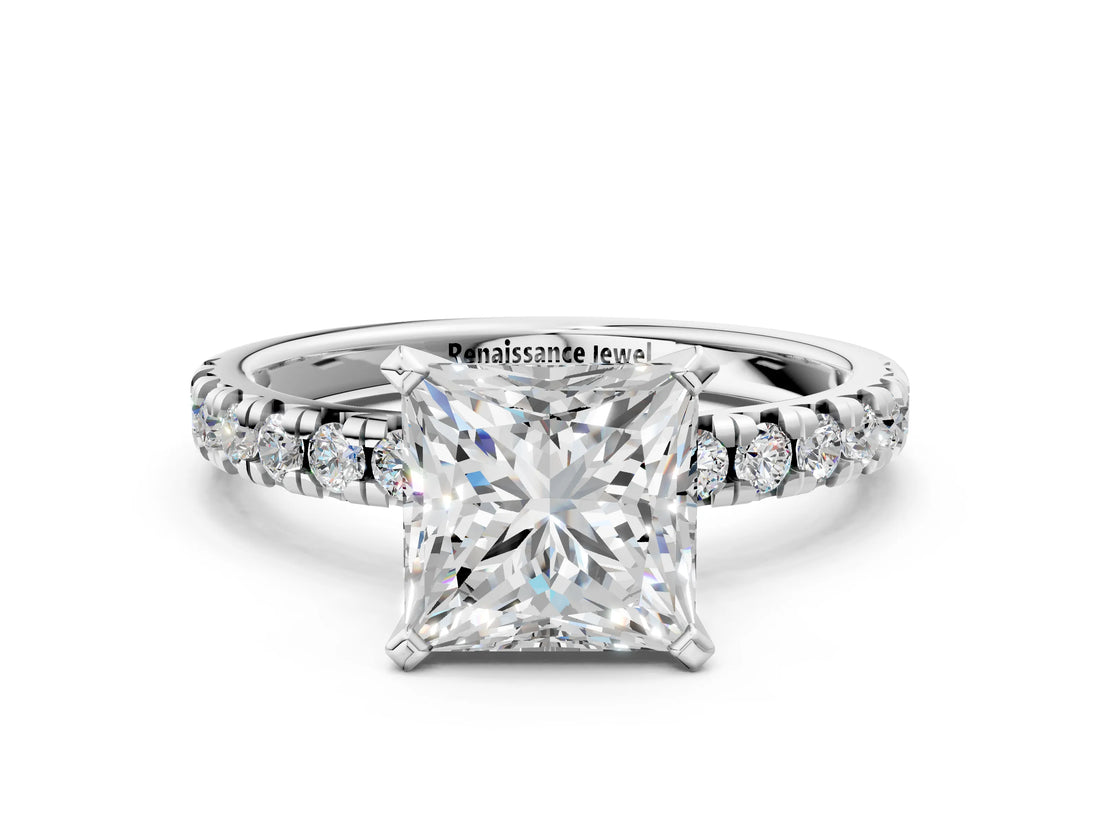 Platinum Princess Cut Diamond Solitaire Pavé Engagement Ring with Round Band and Prong Setting_2