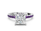 Platinum Princess Cut Diamond Solitaire Ring with Round with Amethyst side stone Pavé Band and Four-Prong Setting_12