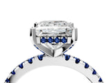 Platinum Princess Cut Diamond Solitaire Ring with Round with Blue Sapphire side stone Pavé Band and Four-Prong Setting_16