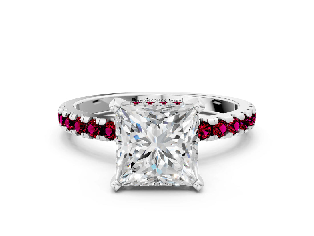 Platinum Princess Cut Diamond Solitaire Ring with Round with Garnet side stone Pavé Band and Four-Prong Setting_12