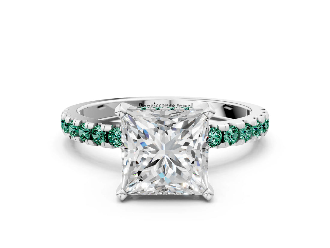 Platinum Princess Cut Diamond Solitaire Ring with Round with Green Sapphire side stone Pavé Band and Four-Prong Setting_12