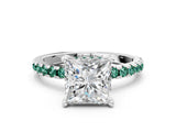 Platinum Princess Cut Diamond Solitaire Ring with Round with Green Sapphire side stone Pavé Band and Four-Prong Setting_12