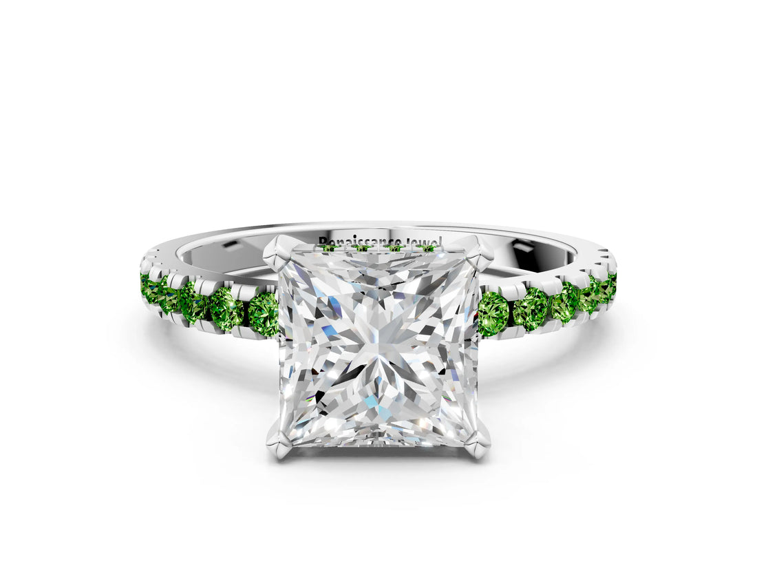 Platinum Princess Cut Diamond Solitaire Ring with Round with Peridot side stone Pavé Band and Four-Prong Setting_12