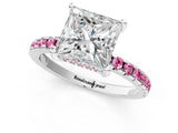 Platinum Princess Cut Diamond Solitaire Ring with Round with Pink Sapphire side stone Pavé Band and Four-Prong Setting_13