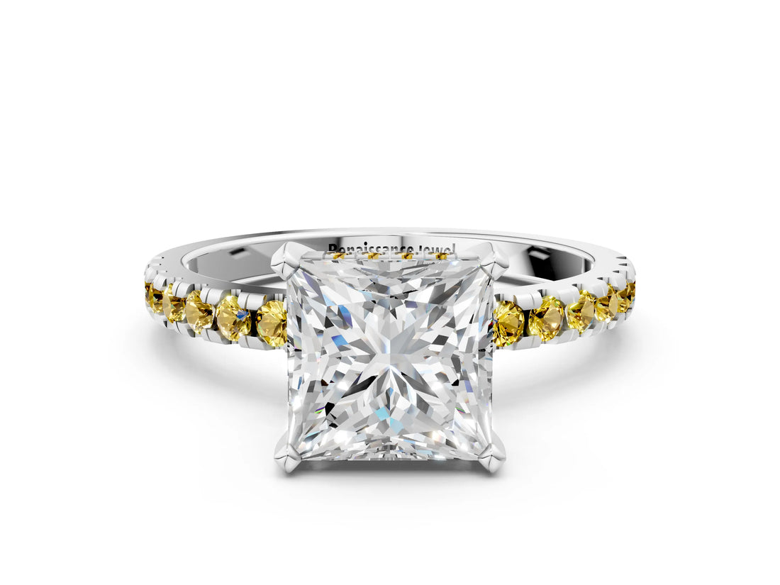 Platinum Princess Cut Diamond Solitaire Ring with Round with Yellow Sapphire side stone Pavé Band and Four-Prong Setting_24