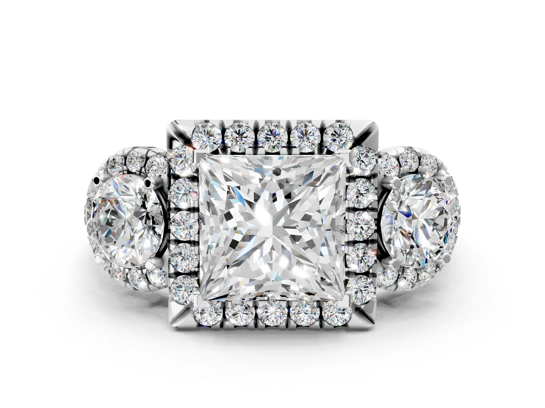 Platinum Princess Cut Diamond Three-Stone Halo Ring with Prong Setting and Pavé Accents_13