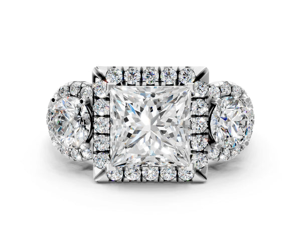 Platinum Princess Cut Three Stone Halo Engagement Ring Setting