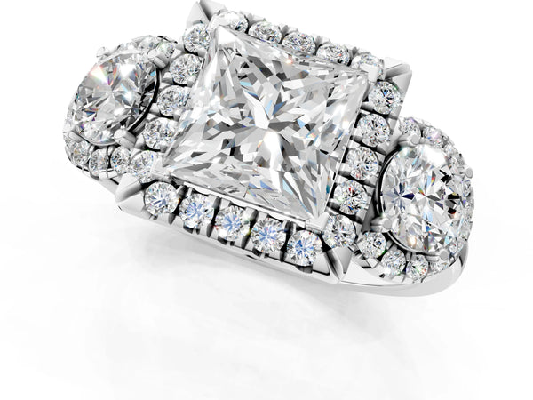 Platinum Princess Cut Three Stone Halo Engagement Ring Setting
