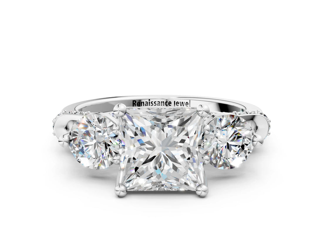 Platinum Princess Cut Diamond Three-Stone Ring with Prong Setting and Pavé Band_55
