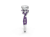 Platinum Princess Cut Diamond with Amethyst side stone Halo Twist Band Solitaire Prong Setting Ring_2