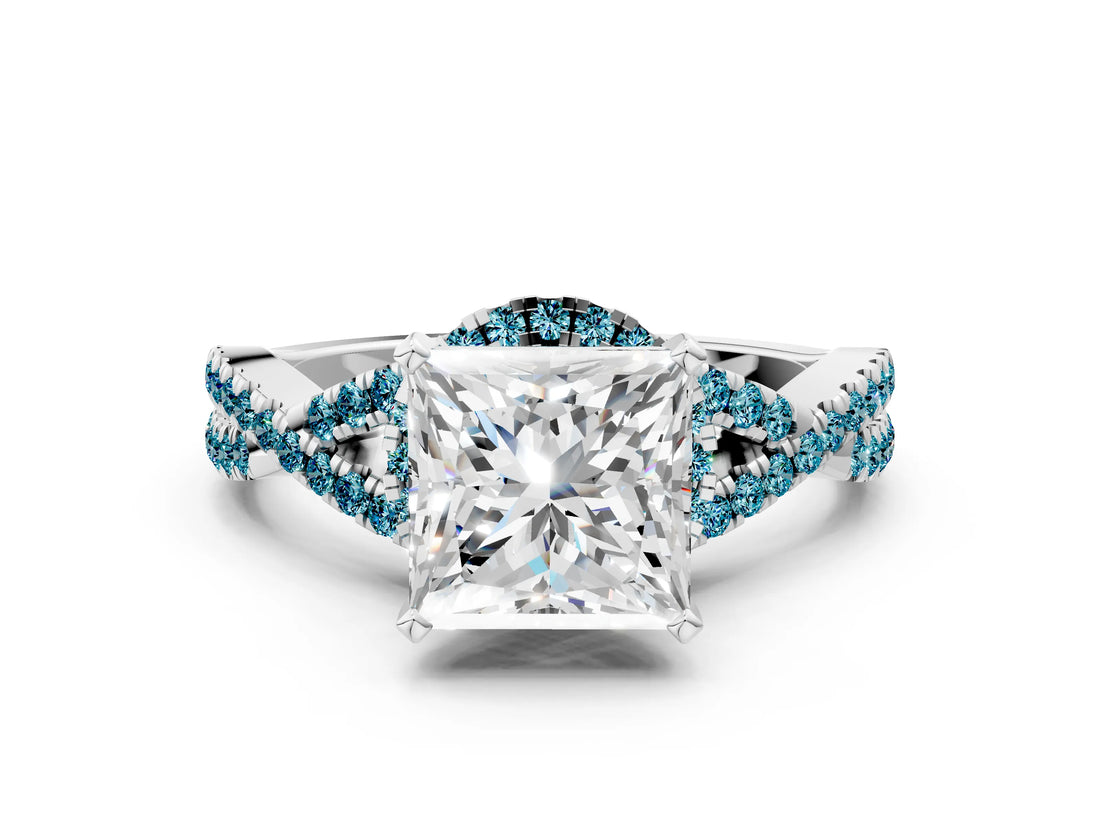 Platinum Princess Cut Diamond with Blue Topaz side stone Halo Twist Band Solitaire Prong Setting Ring