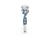 Platinum Princess Cut Diamond with Blue Topaz side stone Halo Twist Band Solitaire Prong Setting Ring_2