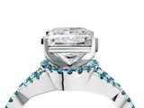 Platinum Princess Cut Diamond with Blue Topaz side stone Halo Twist Band Solitaire Prong Setting Ring_4
