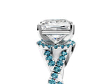 Platinum Princess Cut Diamond with Blue Topaz side stone Halo Twist Band Solitaire Prong Setting Ring_5