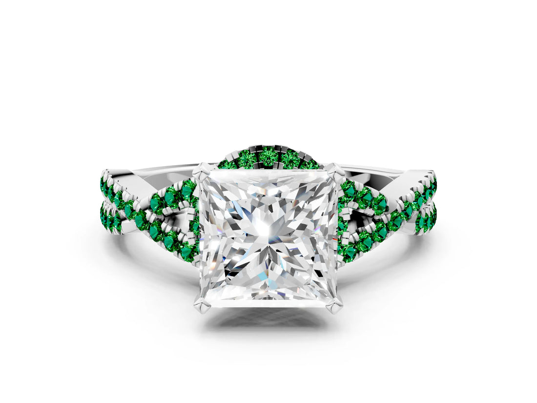 Platinum Princess Cut Diamond with Emerald side stone Halo Twist Band Solitaire Prong Setting Ring