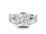 Platinum Princess Cut Diamond with Moissanite side stone Halo Twist Band Solitaire Prong Setting Ring