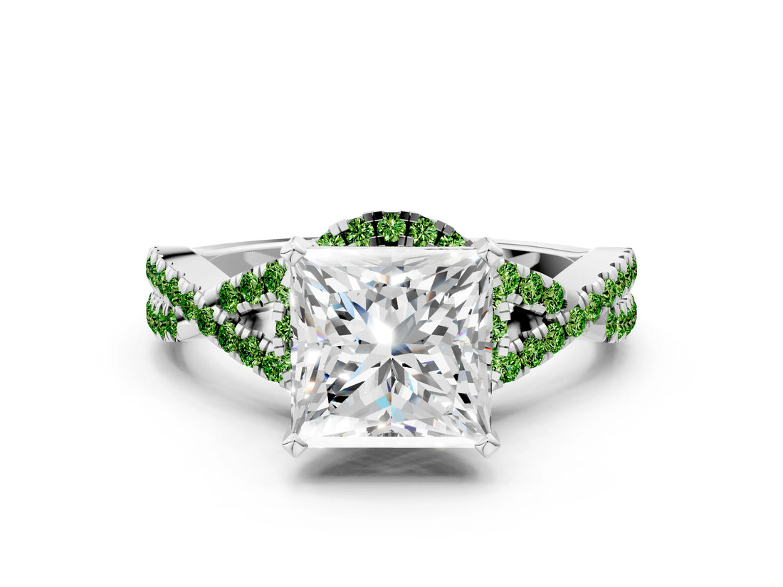 Platinum Princess Cut Diamond with Peridot side stone Halo Twist Band Solitaire Prong Setting Ring