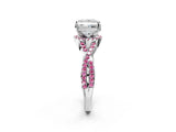 Platinum Princess Cut Diamond with Pink Sapphire side stone Halo Twist Band Solitaire Prong Setting Ring_2
