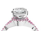 Platinum Princess Cut Diamond with Pink Sapphire side stone Halo Twist Band Solitaire Prong Setting Ring_4