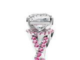 Platinum Princess Cut Diamond with Pink Sapphire side stone Halo Twist Band Solitaire Prong Setting Ring_5