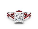 Platinum Princess Cut Diamond with Ruby side stone Halo Twist Band Solitaire Prong Setting Ring