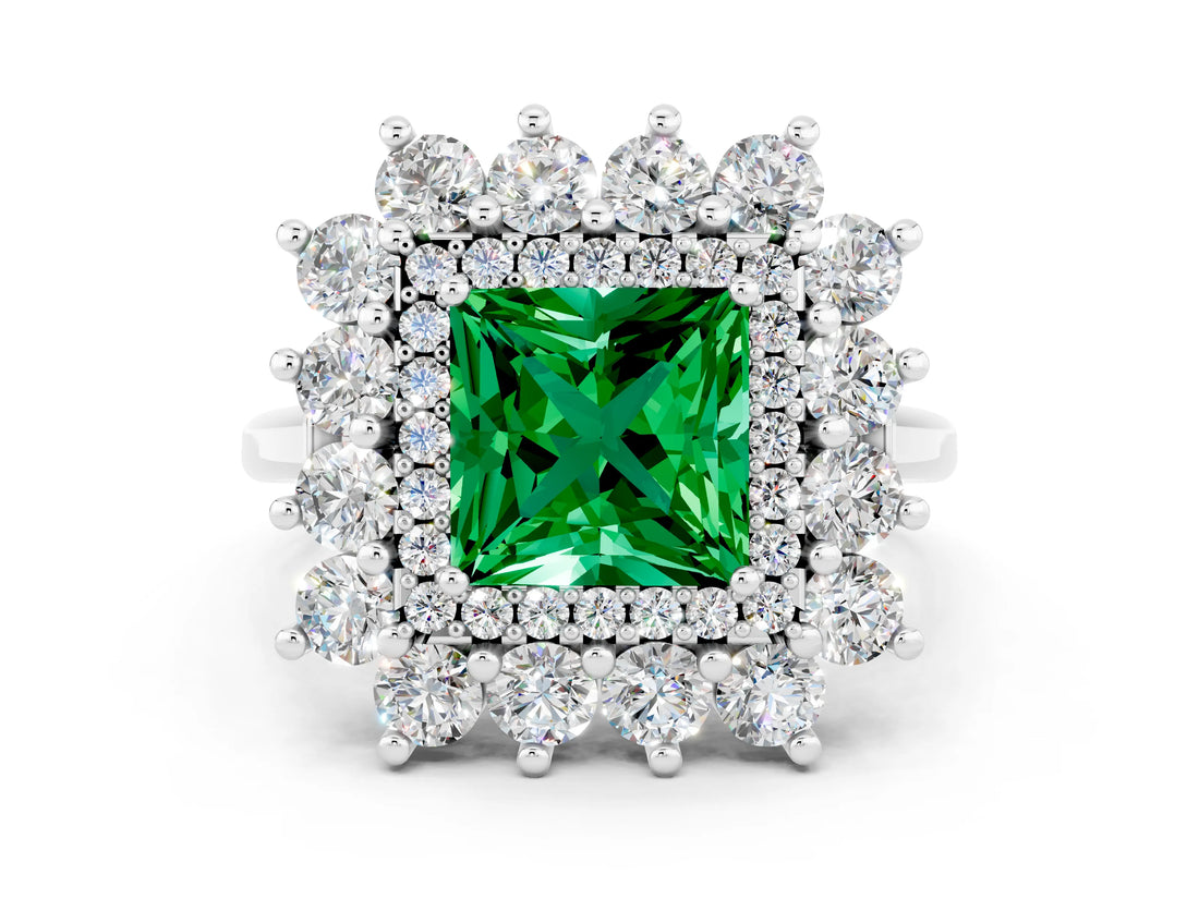 Platinum Princess Cut Emerald Floral Double Halo Engagement Ring with Prong Setting_216