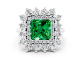 Platinum Princess Cut Emerald Floral Double Halo Engagement Ring with Prong Setting_216