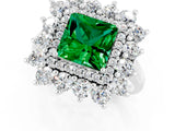 Platinum Princess Cut Emerald Floral Double Halo Engagement Ring with Prong Setting_217
