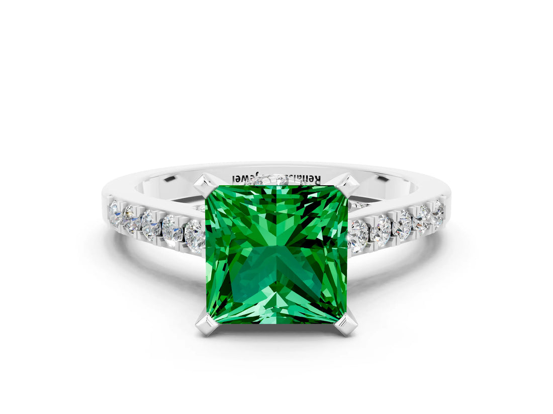Platinum Princess Cut Emerald Solitaire Ring with Crossover Gallery and Round  Pavé Band_43