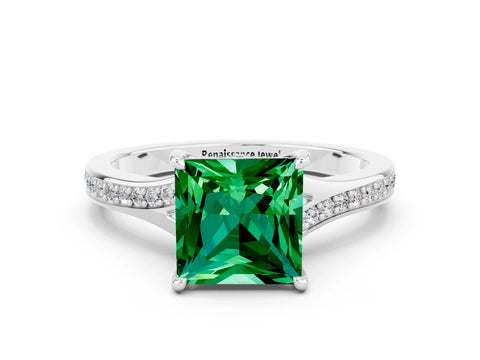 Platinum Princess Cut Emerald Solitaire Ring with Pavé Band and Prong Setting_12