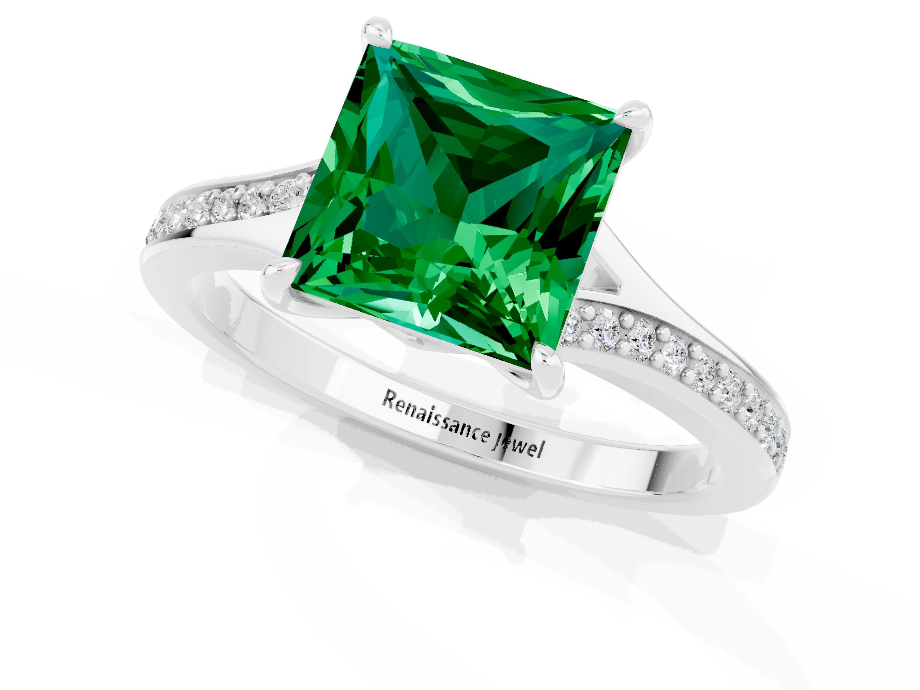 Platinum Princess Cut Emerald Solitaire Ring with Pavé Band and Prong Setting_13