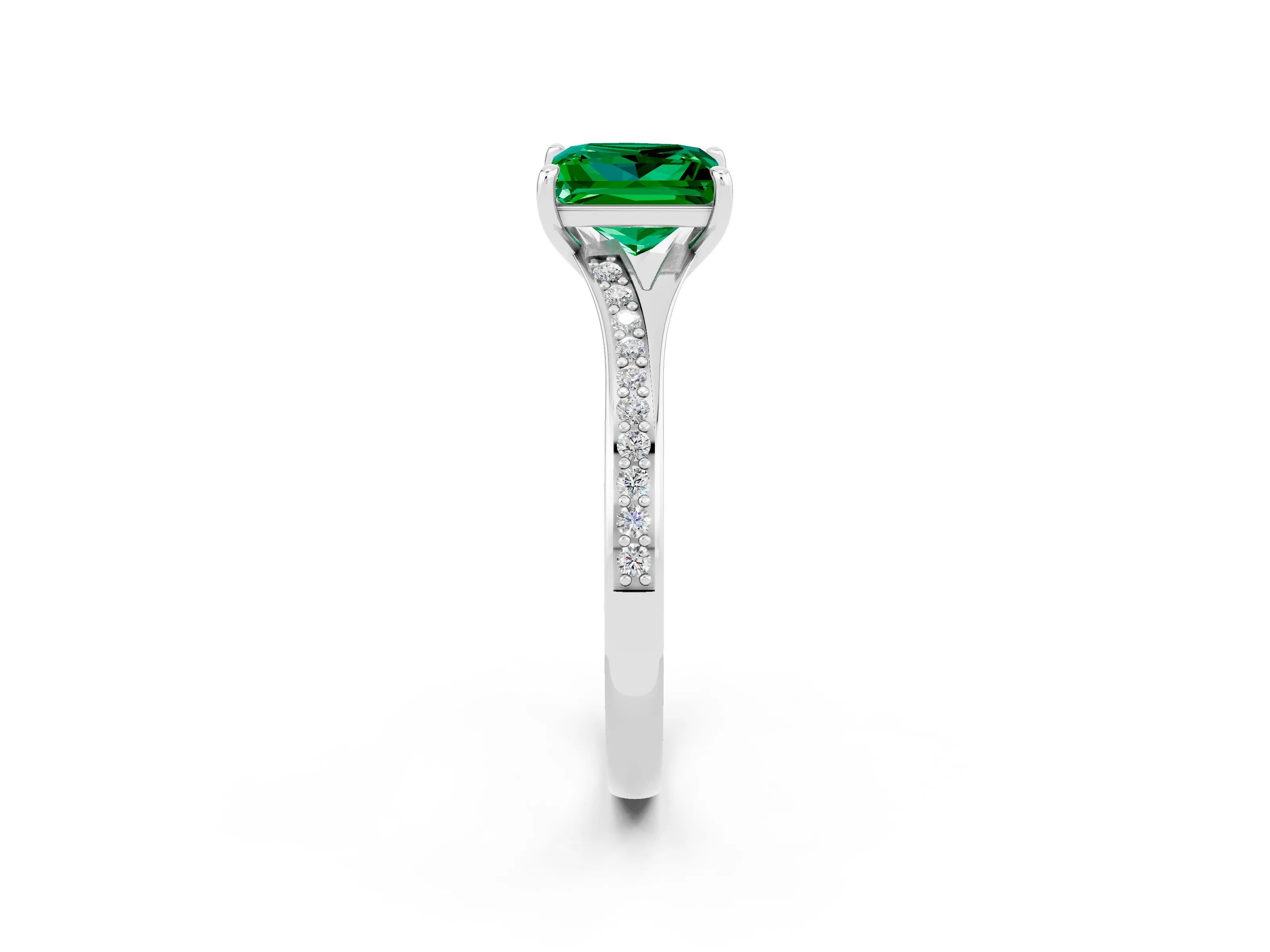 Platinum Princess Cut Emerald Solitaire Ring with Pavé Band and Prong Setting_14