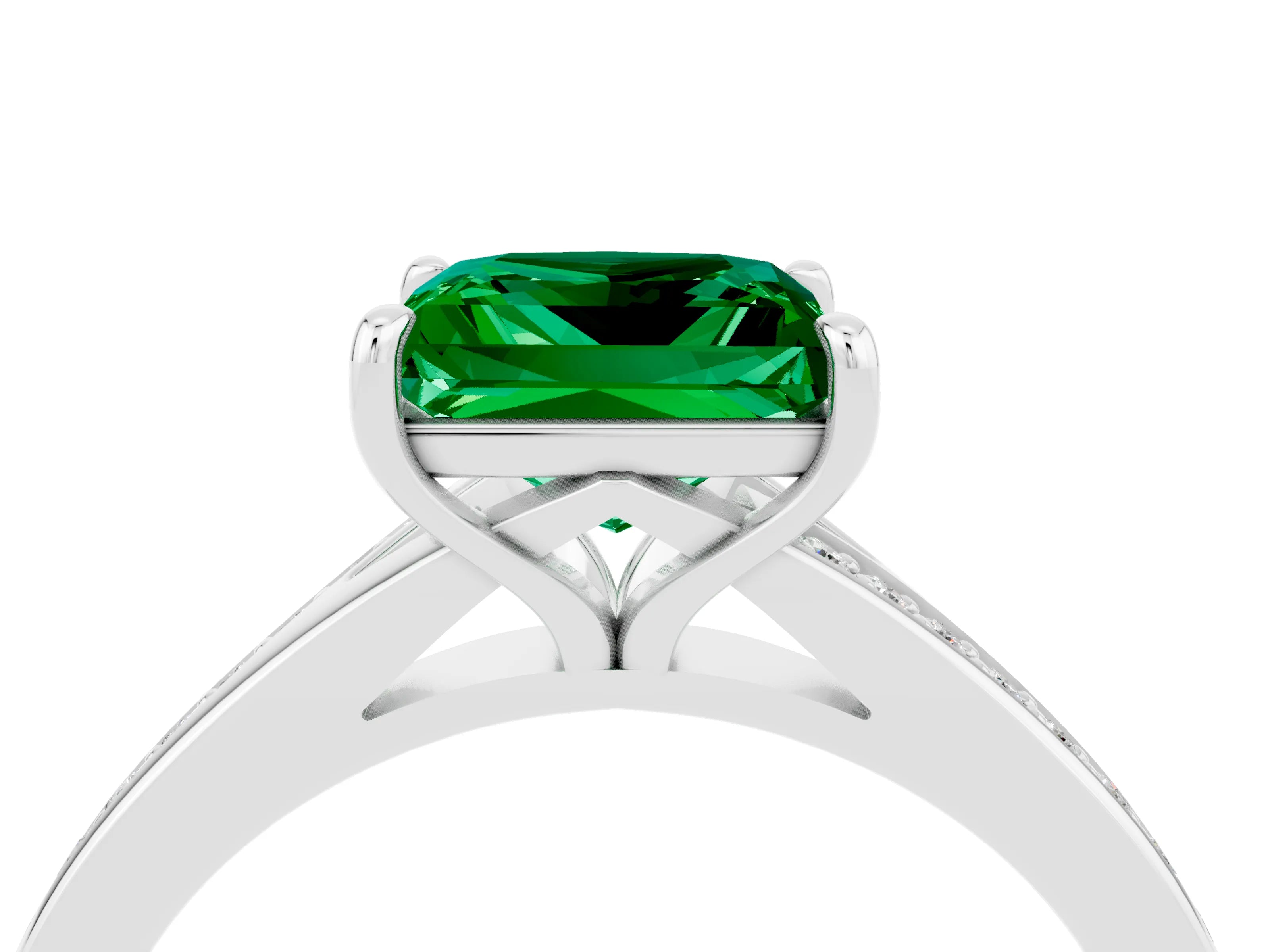 Platinum Princess Cut Emerald Solitaire Ring with Pavé Band and Prong Setting_16