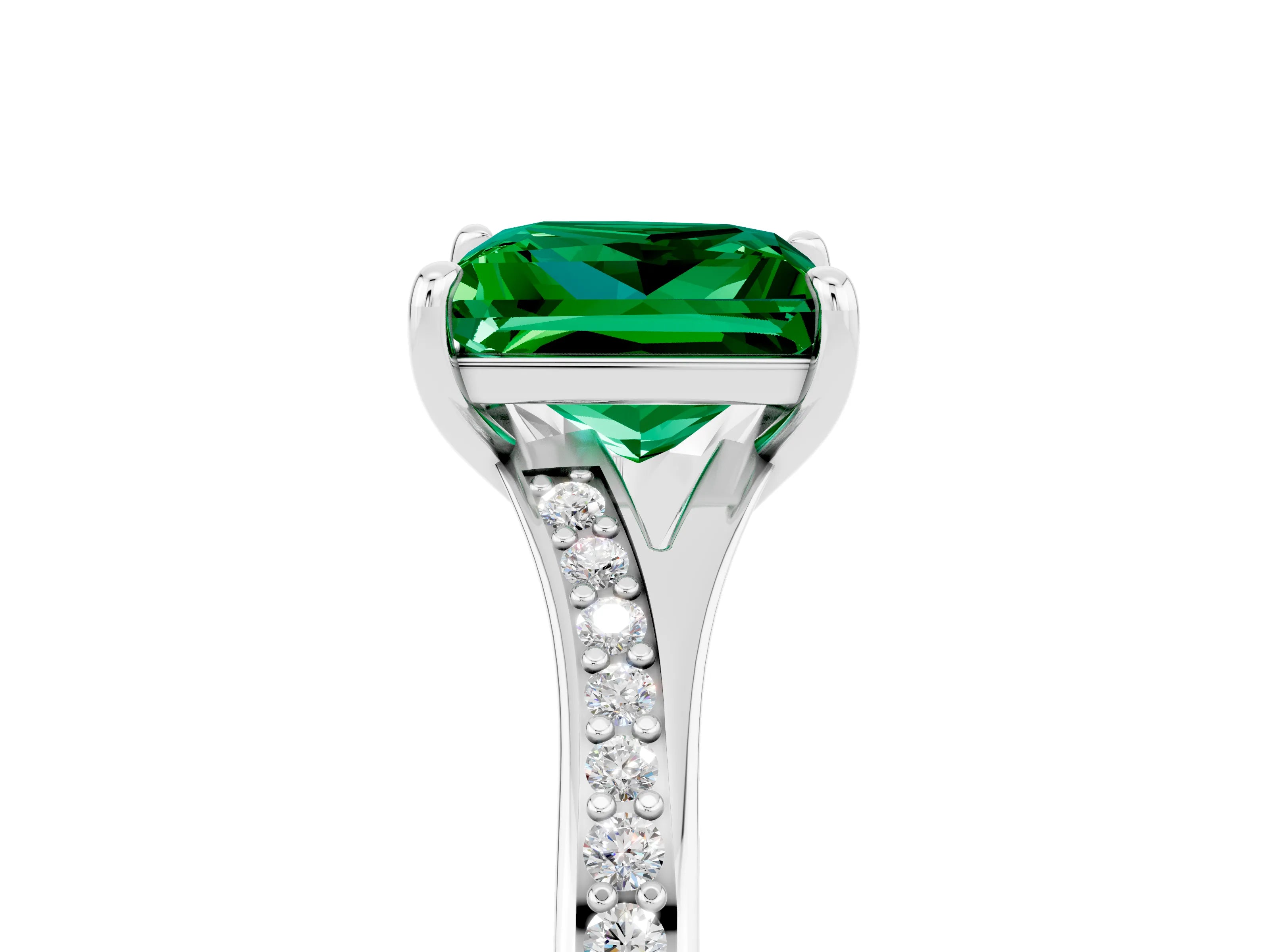 Platinum Princess Cut Emerald Solitaire Ring with Pavé Band and Prong Setting_17